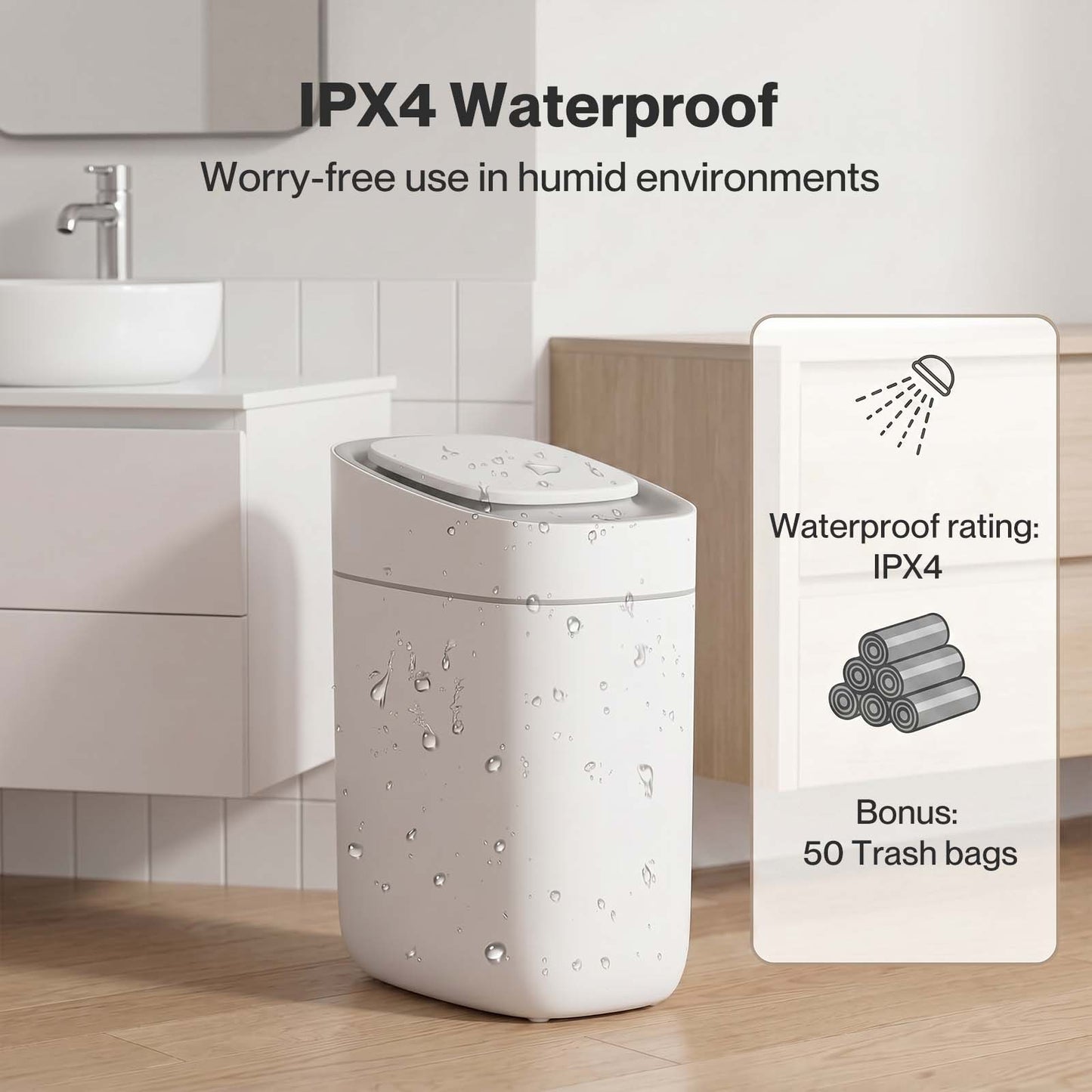 Toque Smart Trash Bin Slim Sensor Bathroom Bin With Lid Silent Open Close White