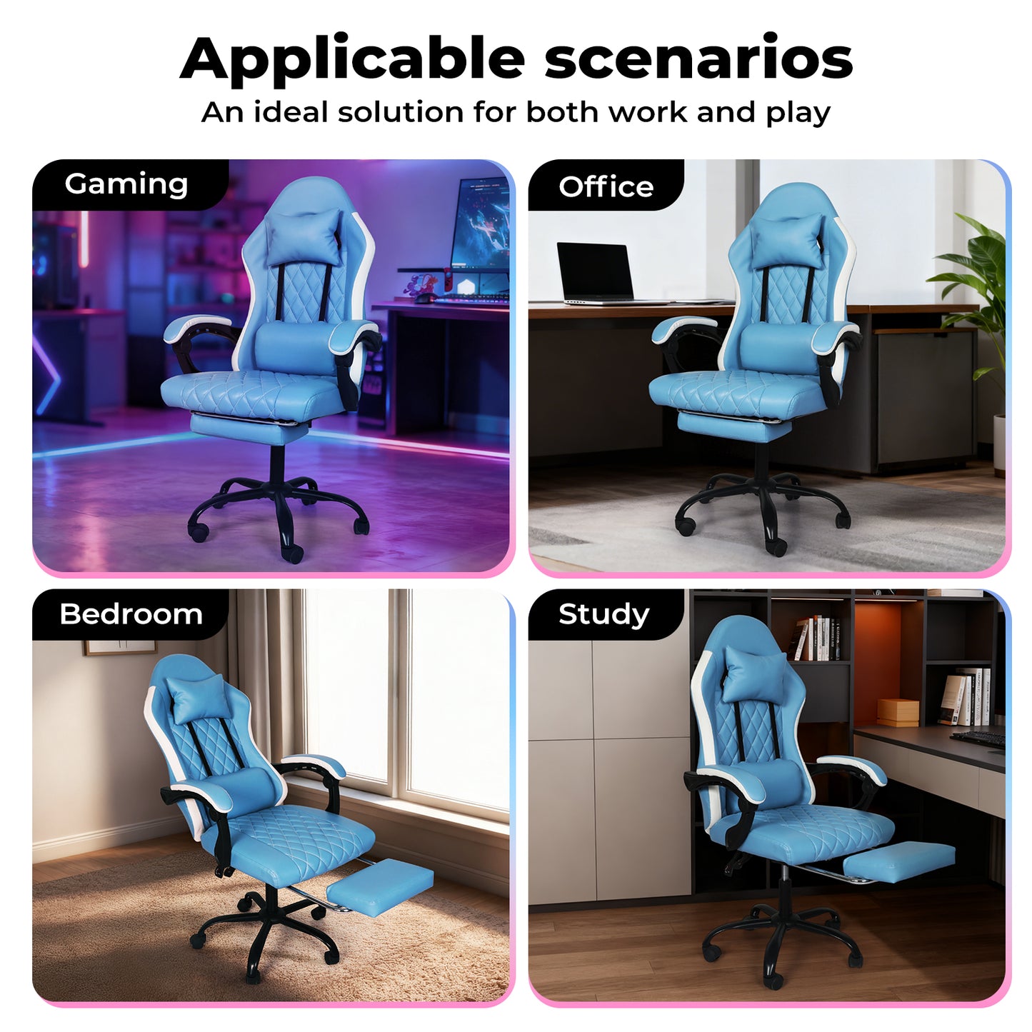 Levede Office Desk Chair PU Gaming Recliner Adjustable Height Swivel Blue