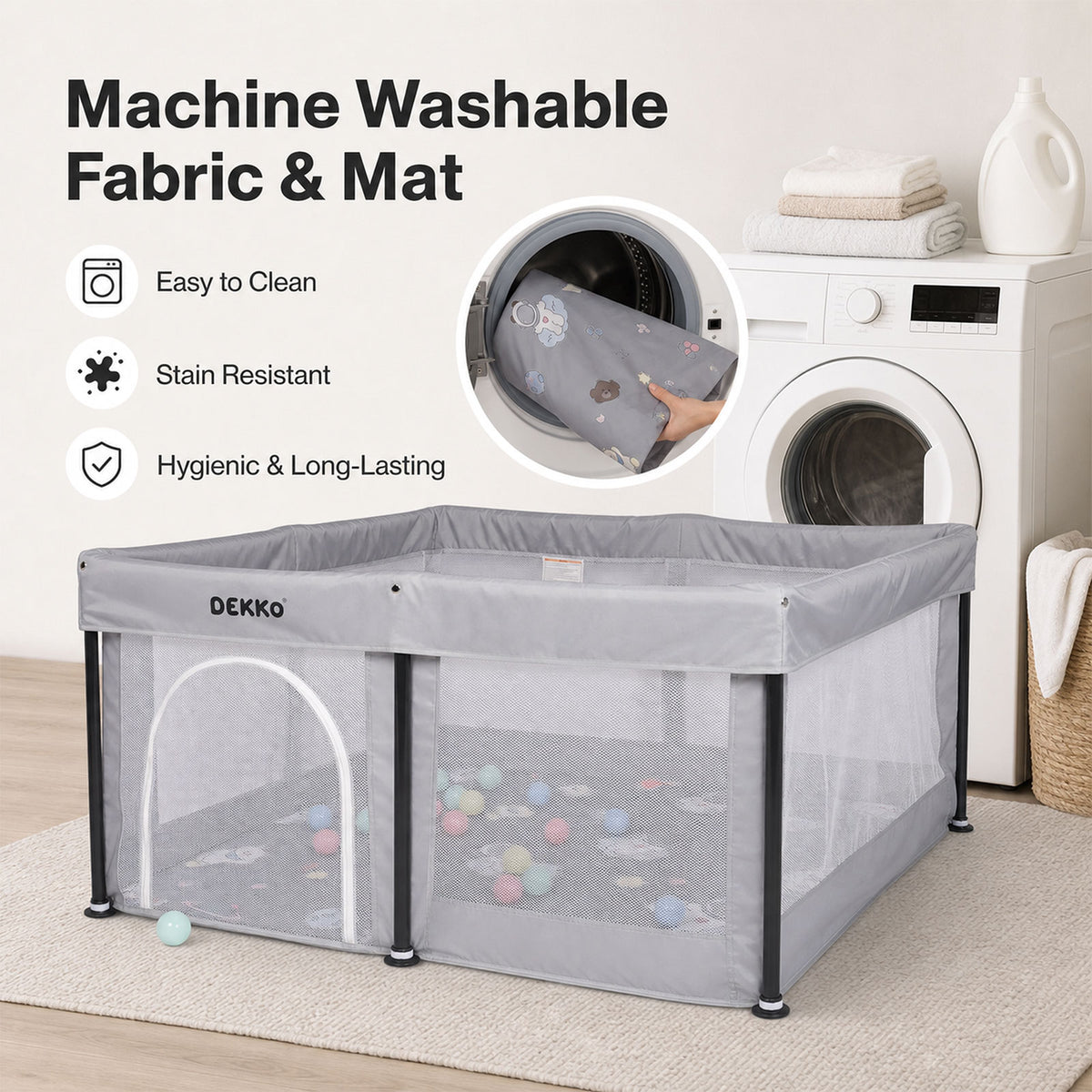 Dekko Baby Playpen Foldable Playpen With Mat 50 Balls Easy Setup Indoor Grey