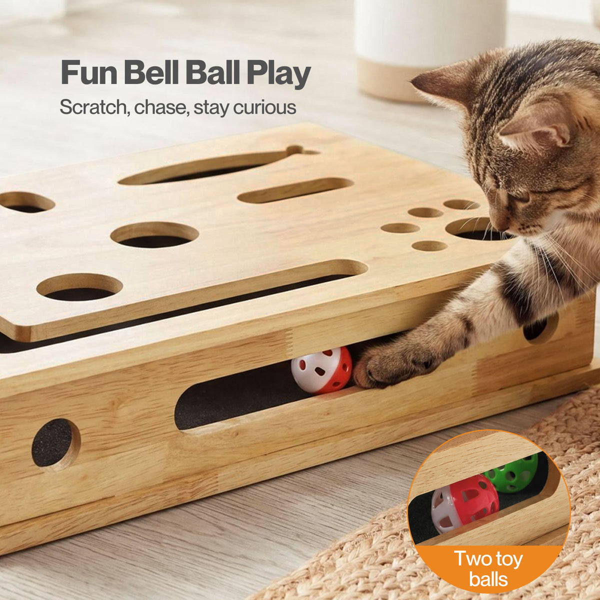 Skylos Cat Nail File Scratcher Large Solid Wood with Toy Balls for Indoor Cats