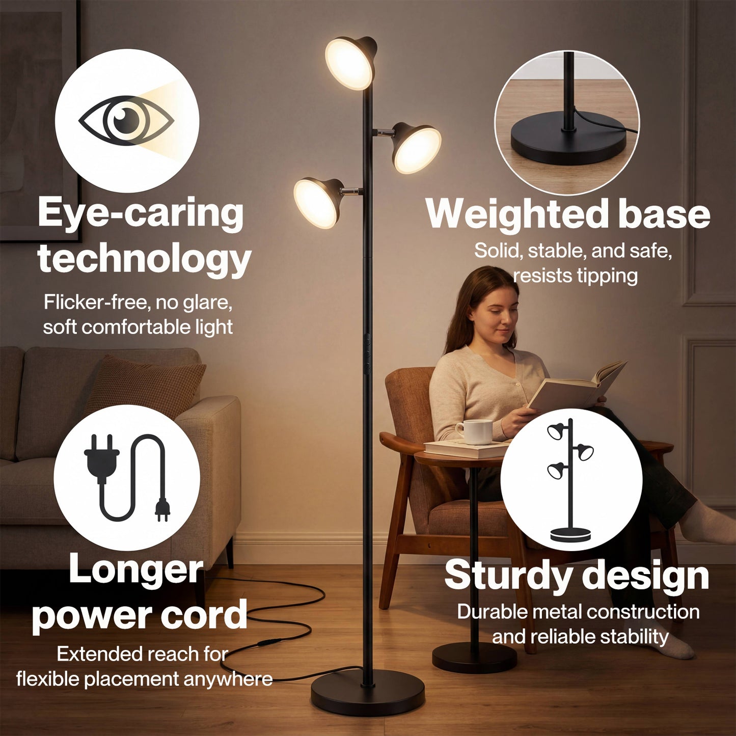 Emitto Floor Lamp 3-Light Dimmable Standing Lamp Remote Touch Black