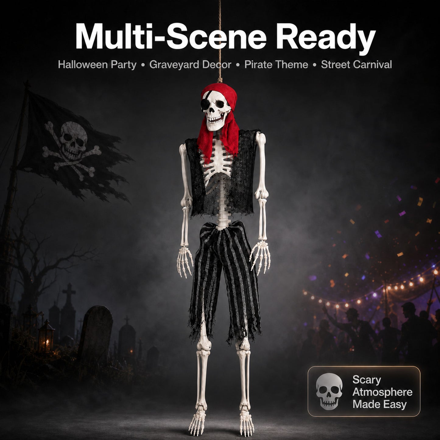 Yezi Halloween Skeleton Life Size Pirate Decor 166cm PE Plastic White