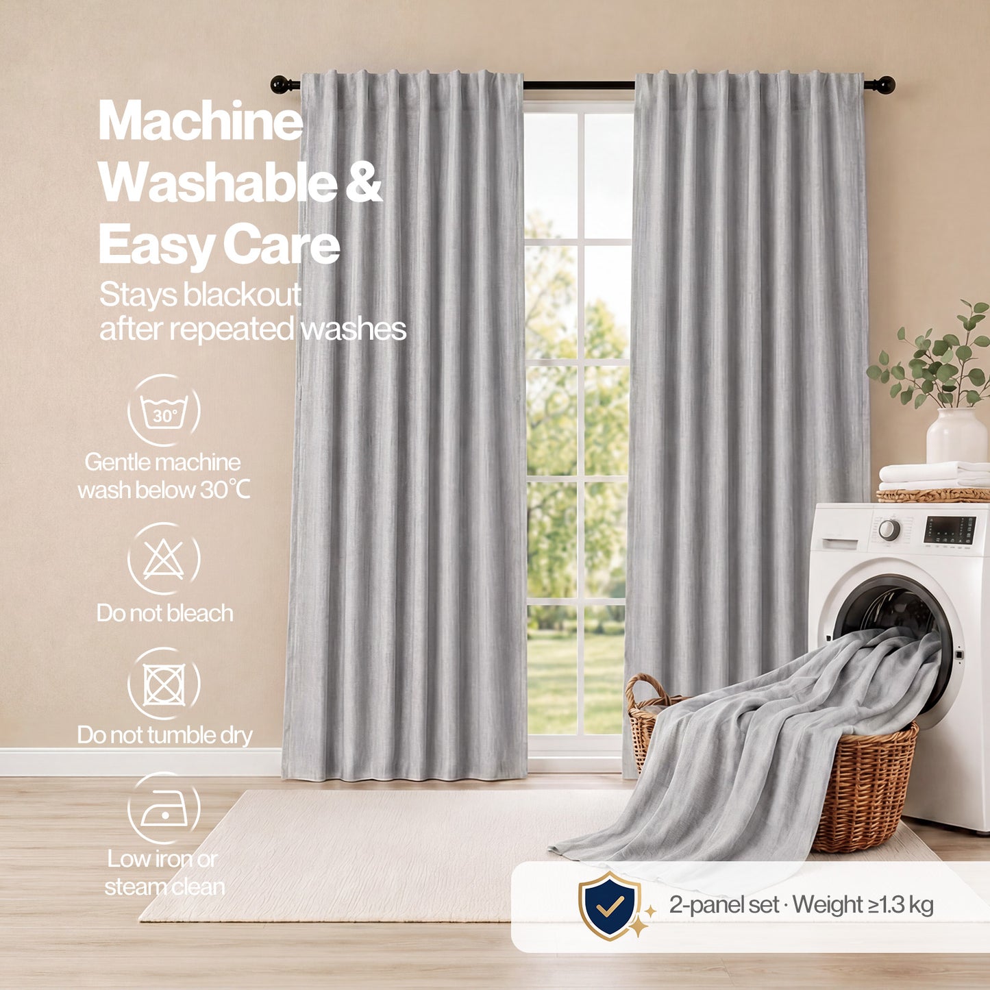Marlow 100% Blackout Curtains Thermal Linen Look Pair Ready Made 52x84 in Grey