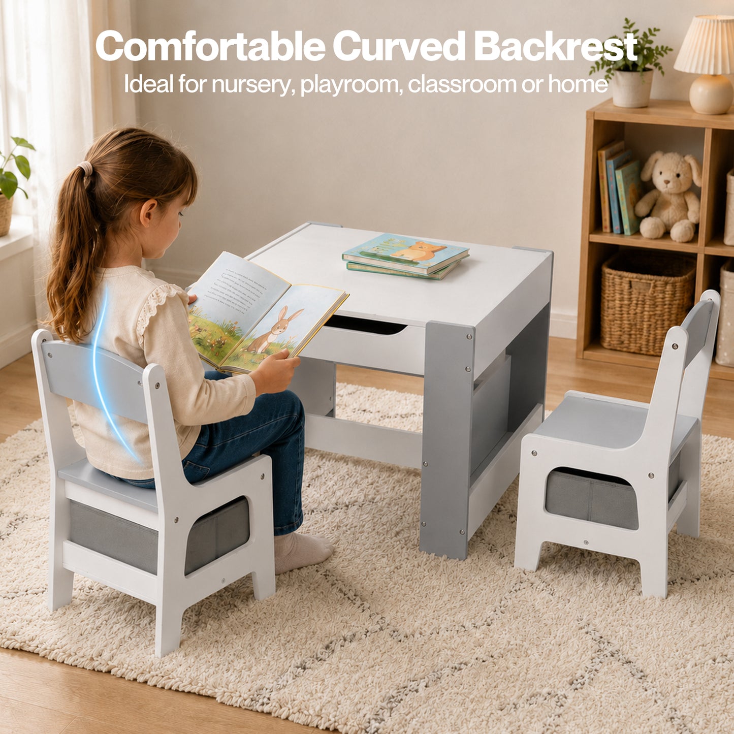Dekko Kids Table and Chairs Set 2-in-1 Flip Top Storage Activity Play Study Grey