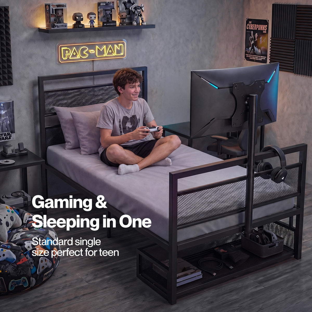 Levede Single Bed Frame Gaming Bed TV Bed 360° Rotating Mount Metal Black