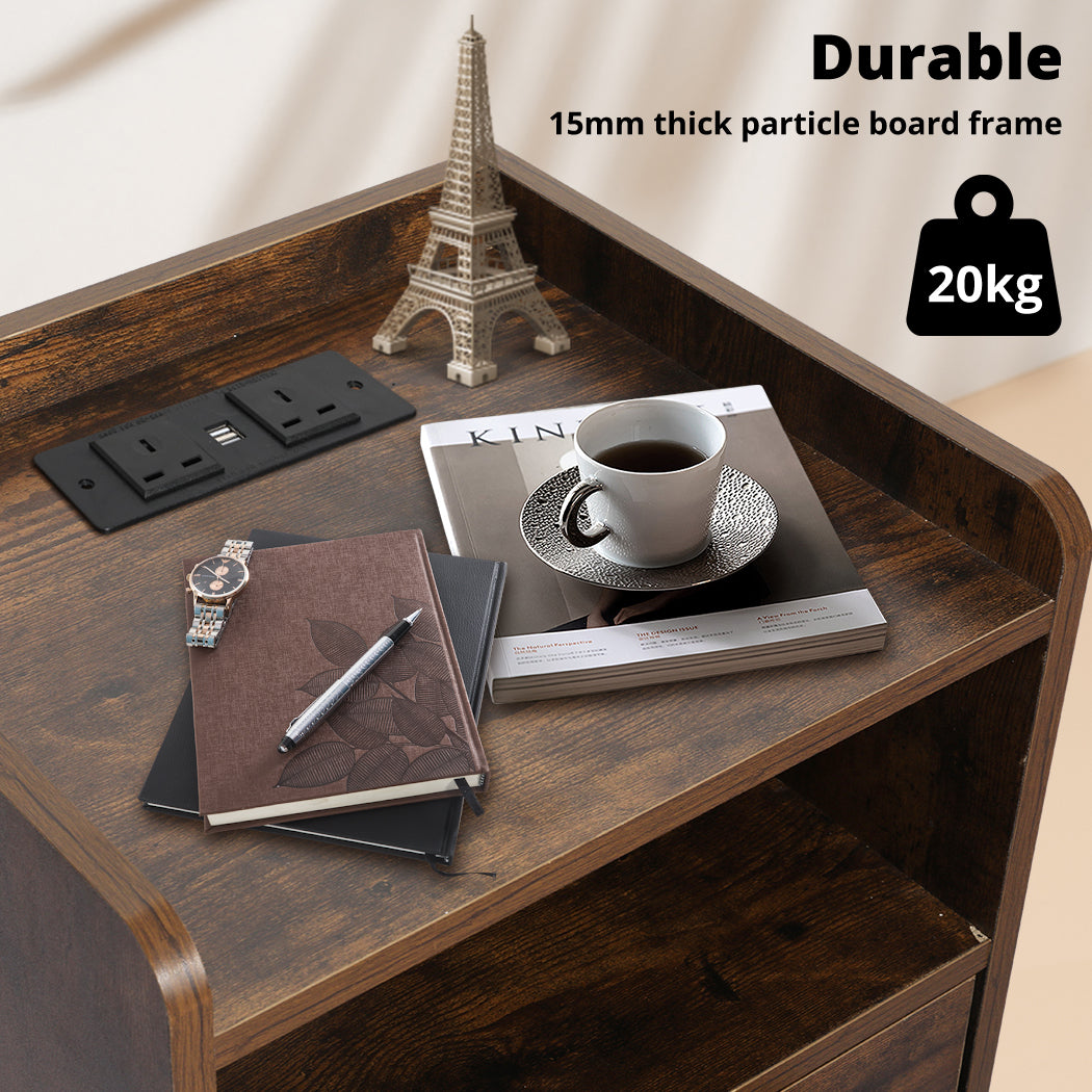 Levede Bedside Table Nightstand USB Charger Outlet RGB LED 3 Drawers Oak
