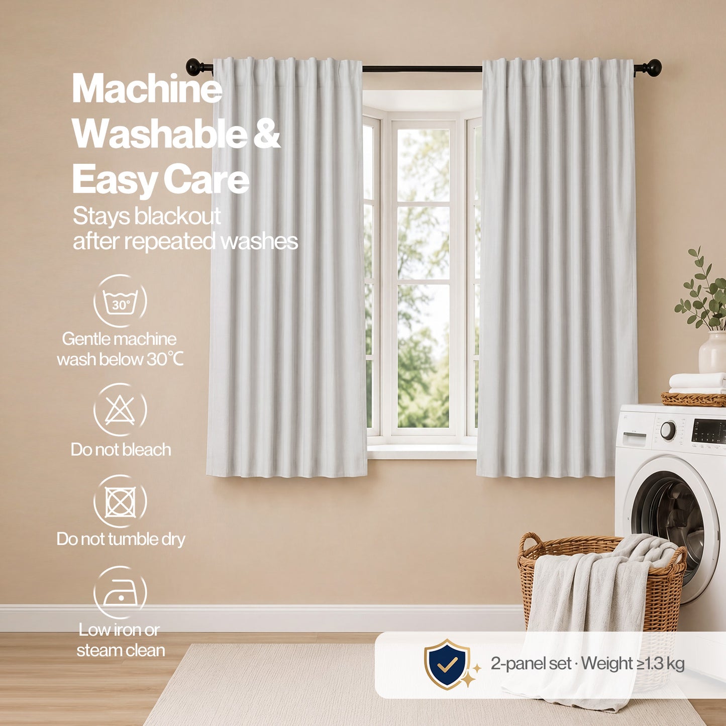 Marlow 100% Blackout Curtains Thermal Linen Look Ready Made 46x54 in Off-White