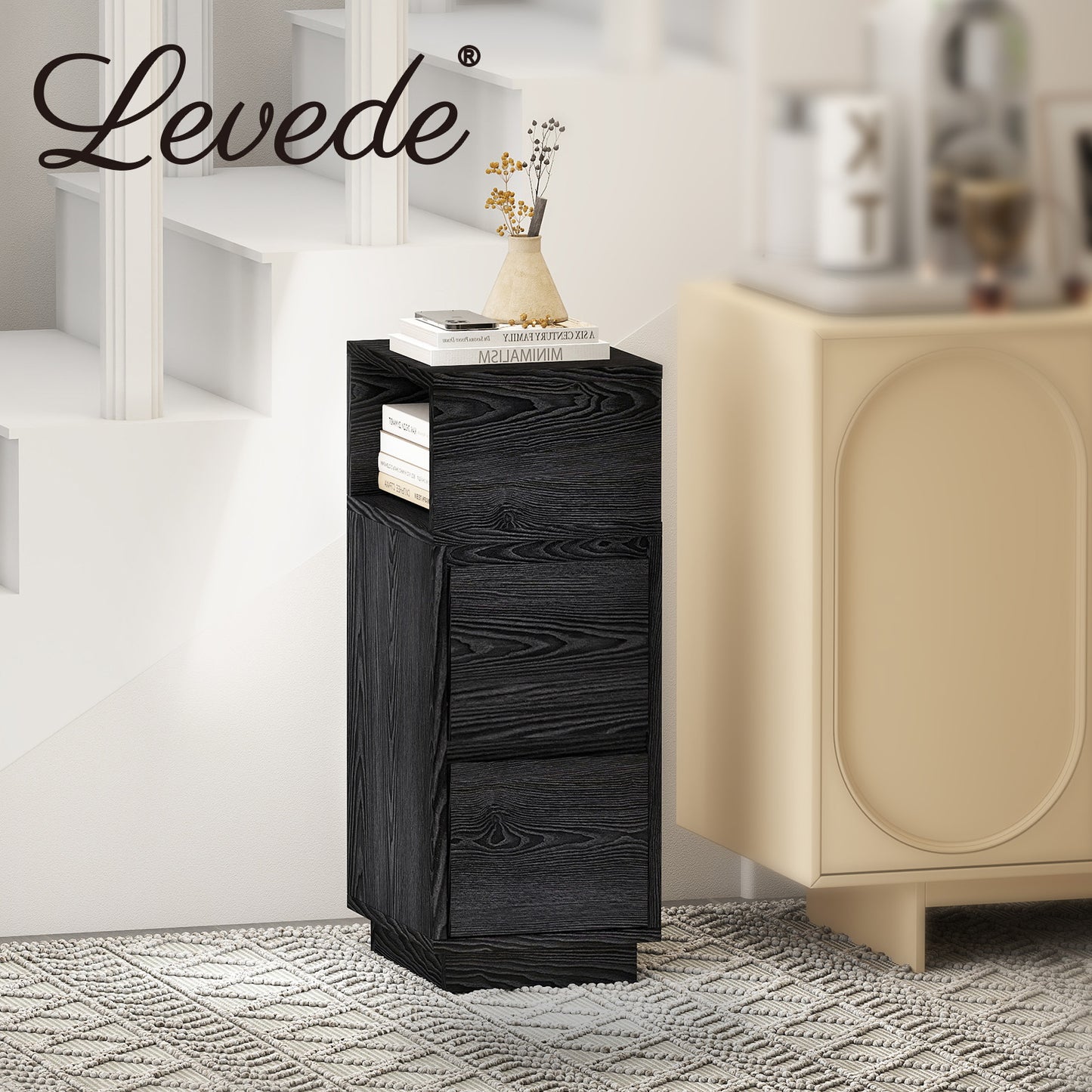 Levede Slim Bedside Table Storage Nightstand with 2 Drawers & Open Shelf Black