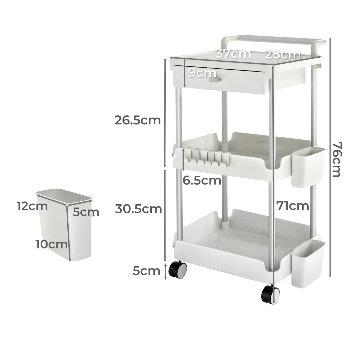 Levede 3 Tier Kitchen Trolley Cart on Wheels Metal Rolling Storage Island White