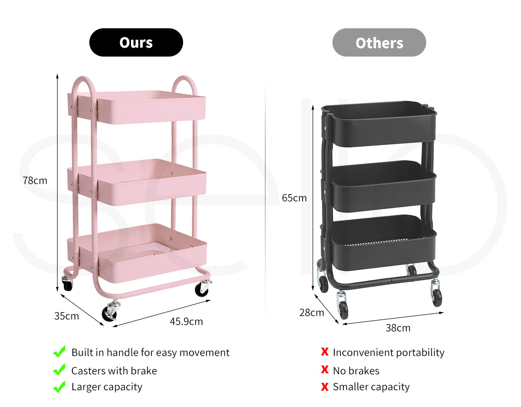 Levede 3 Tiers Kitchen Trolley Cart Steel Storage Rack Shelf Organiser Pink