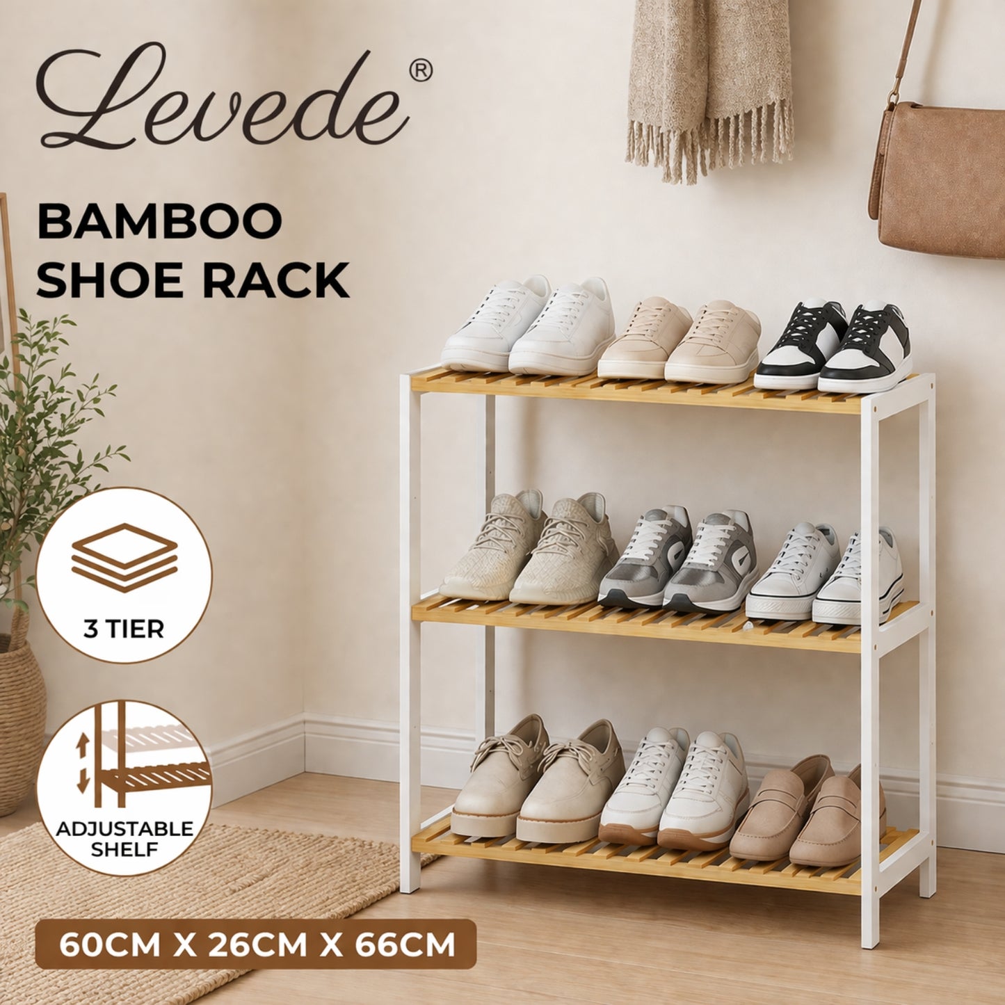 Levede 3-Tier Bamboo Shoe Rack Stand Adjustable Wooden Storage Shelf Organiser