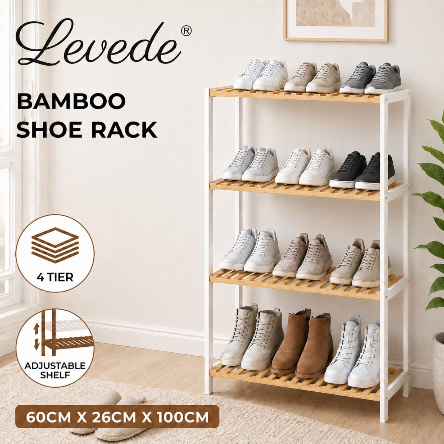 Levede 4-Tier Bamboo Shoe Rack Stand Adjustable Wooden Storage Shelf Organiser