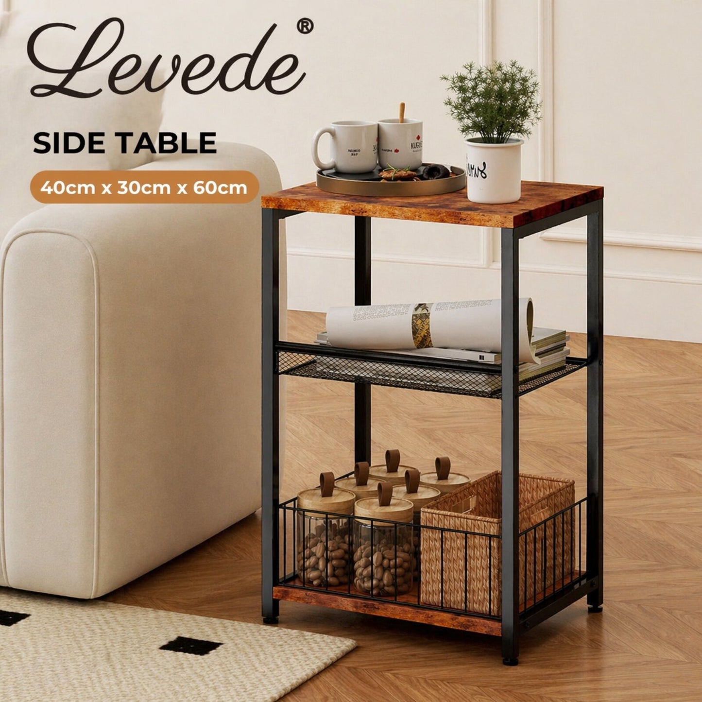 Levede Sofa Side Table with Storage 3 Tier Bedside End Table Living Room Bedroom