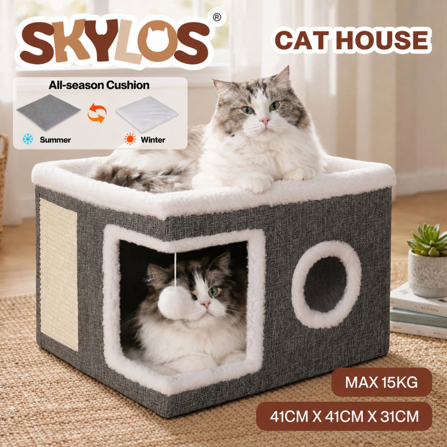 Skylos Cat House Indoor Cat Cave with Scratch Pad Fluffy Ball Pet Bed Foldable