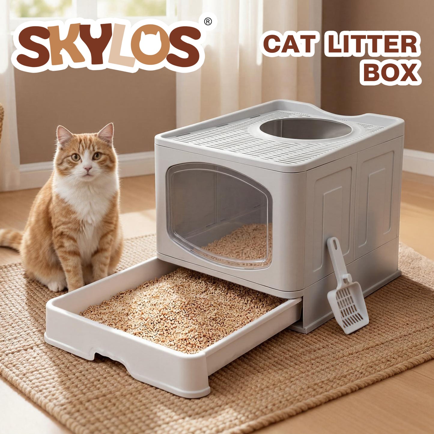 Skylos Cat Litter Box Foldable Entry Top Exit Anti Tracking Cat Litter Tray