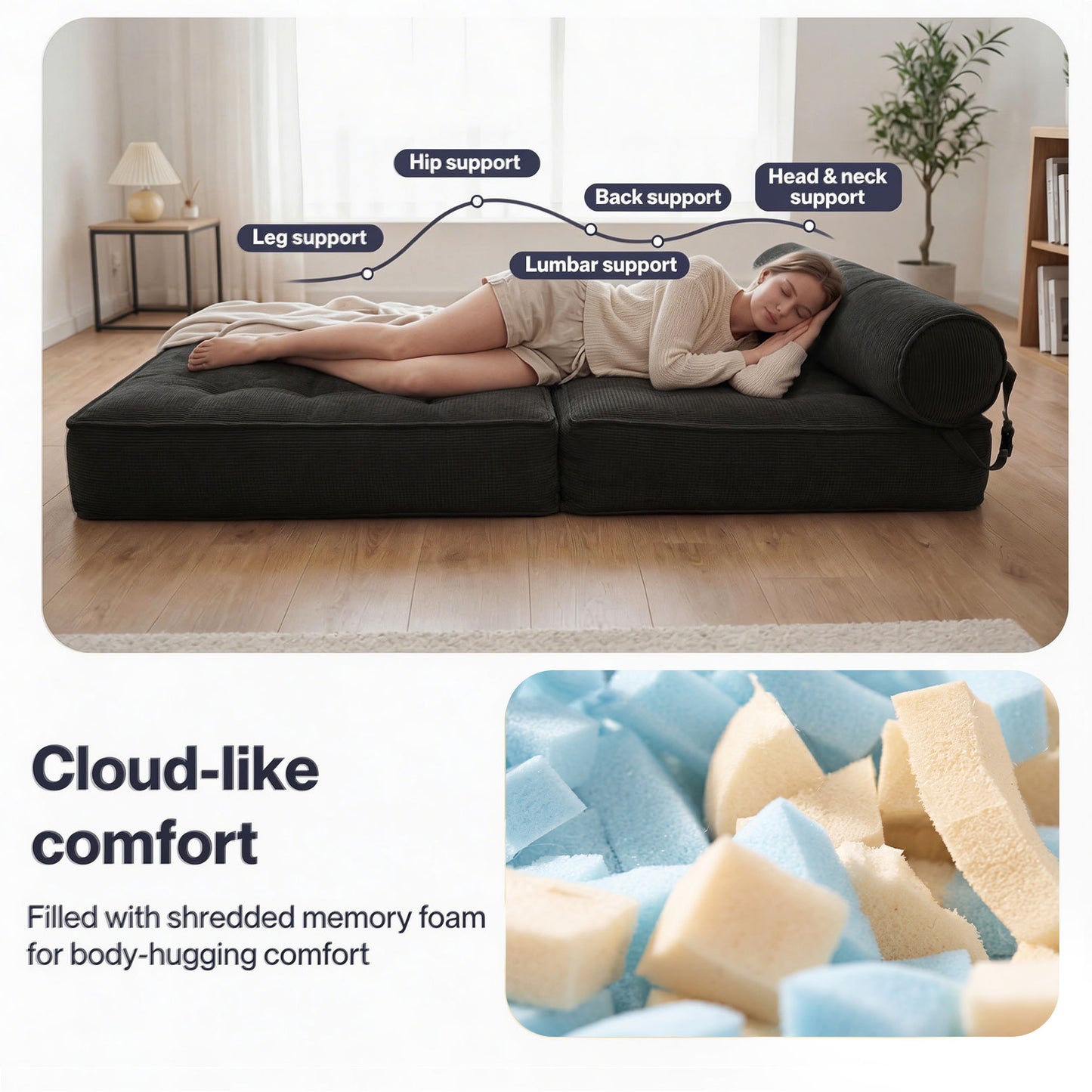 Levede Sofa Bed Convertible Foldable Floor Mattress with Head Lumbar Pillow
