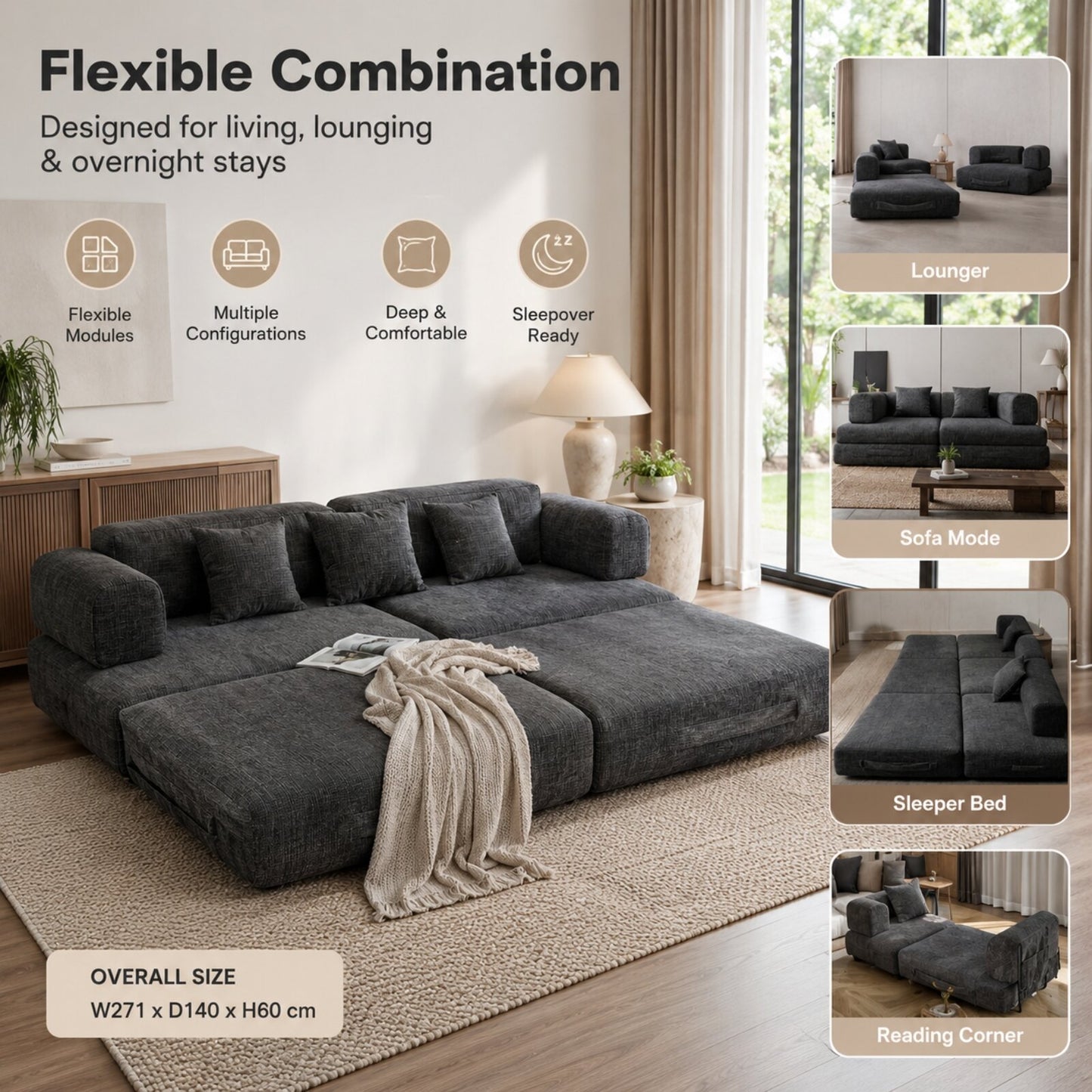 Levede Convertible Sofa Bed Sleeper 2 3 Seater Folding Floor Couch Small Space