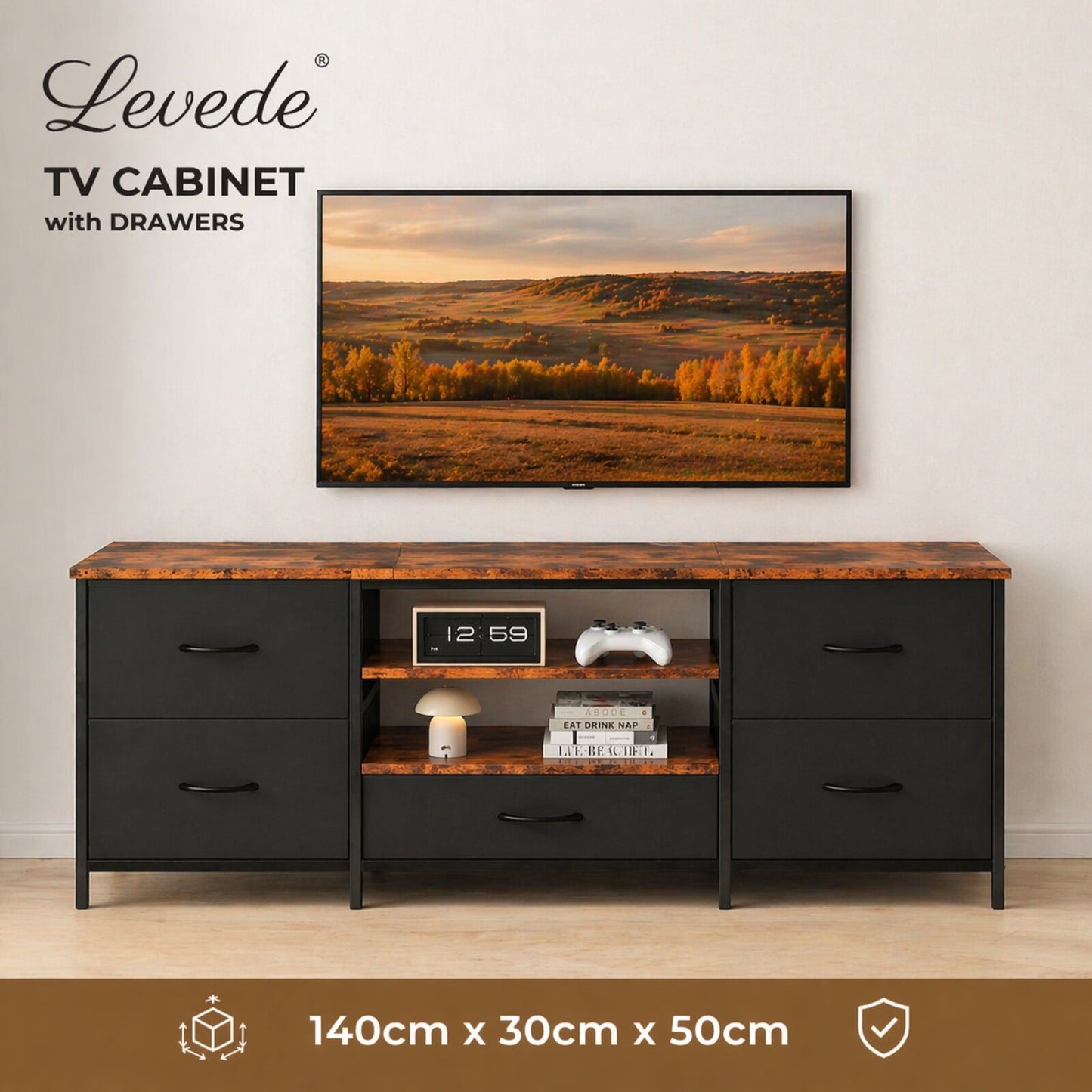 Levede TV Stand Cabinet Entertainment Unit 140cm with 5 Storage Drawers Shelves
