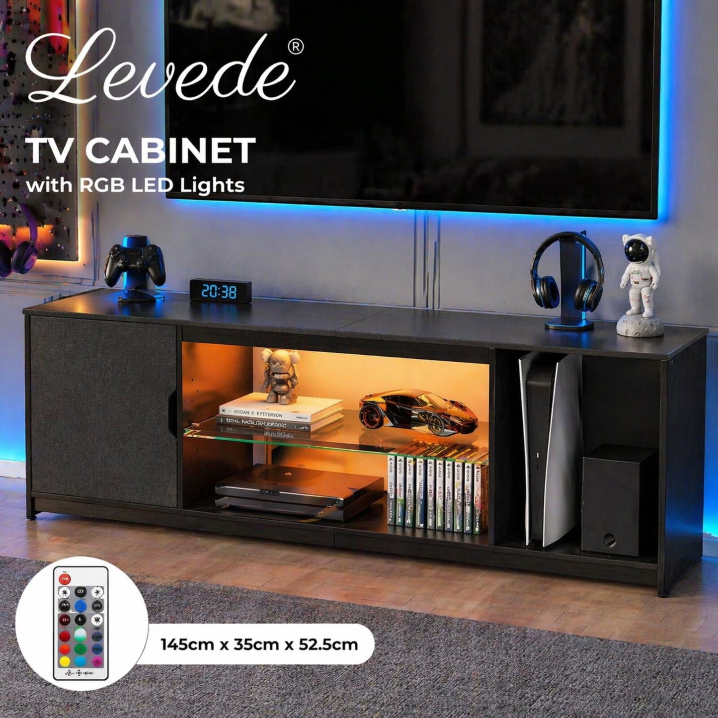Levede TV Cabinet with LED Lights Entertainment Unit Cupboard Storage 145cm MFC
