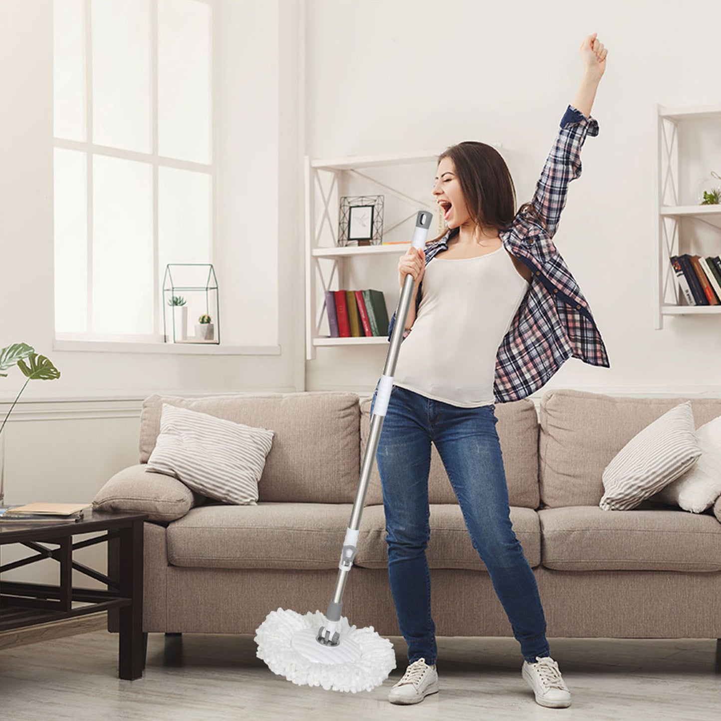 Cleanflo Spin Mop Bucket Set 360° Degree Stainless Steel Rotating Wet Dry White