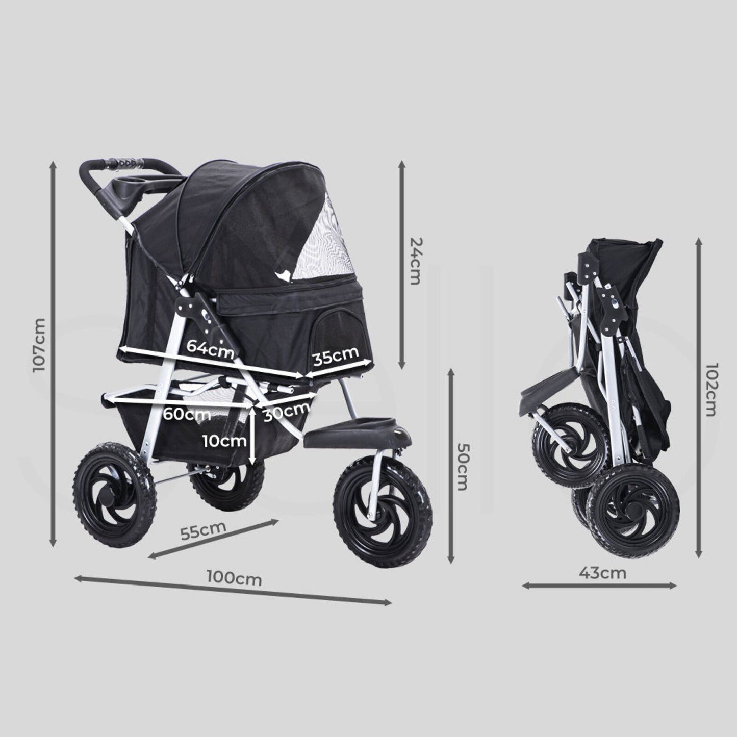 Skylos Pet Stroller Pram Dog Carrier Trailer Strollers 3 Wheels Foldable Large