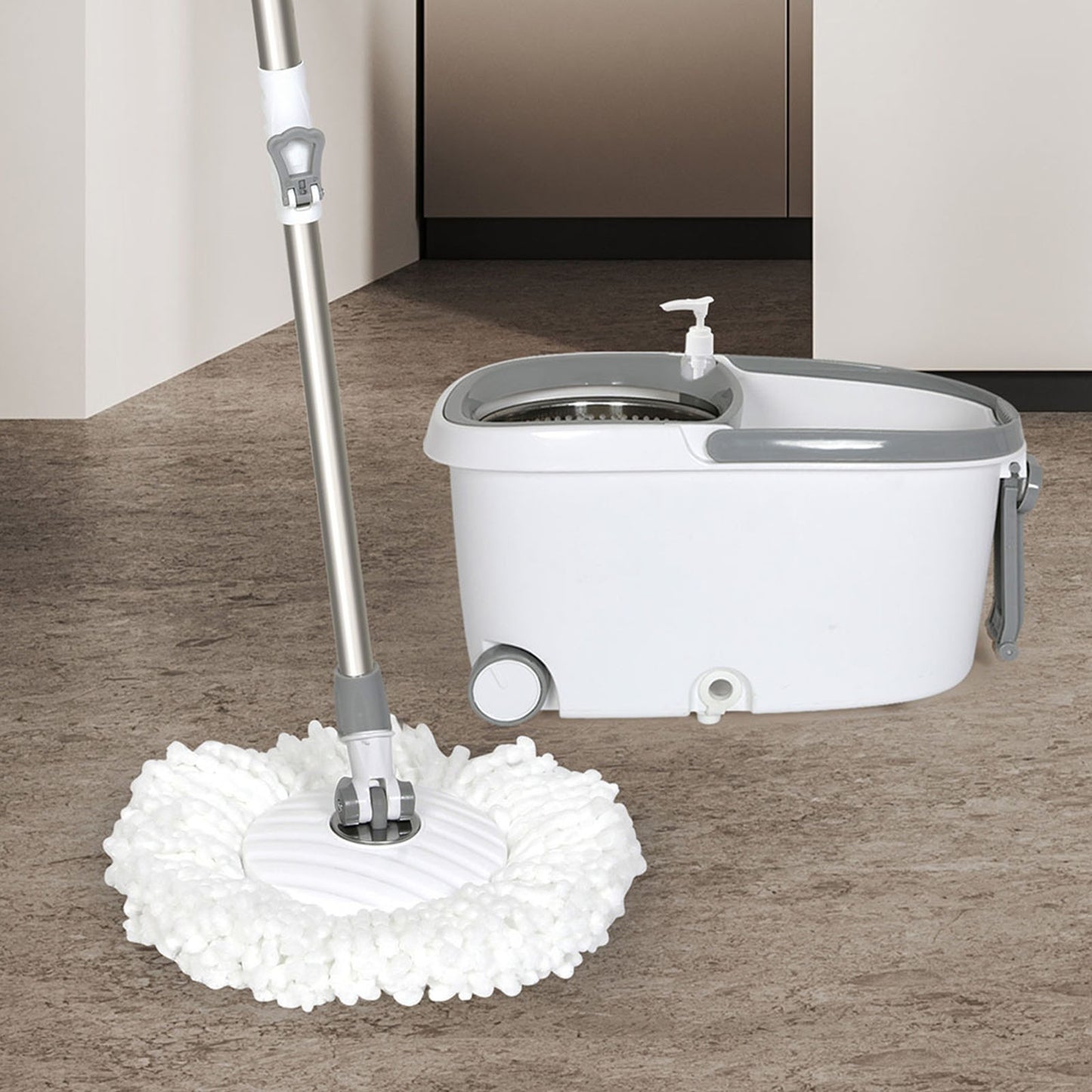 Cleanflo Spin Mop Bucket Set 360° Degree Stainless Steel Rotating Wet Dry White