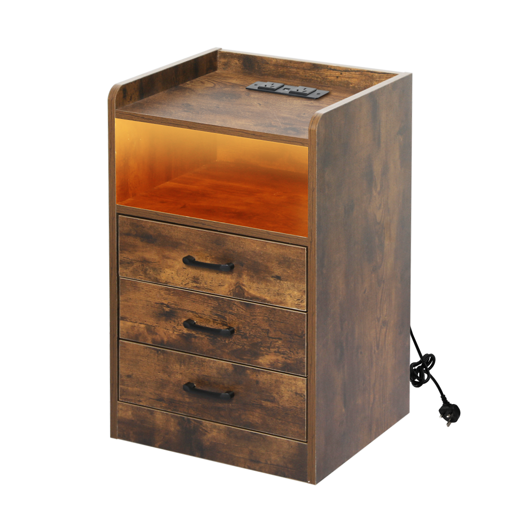 Levede Bedside Table Nightstand USB Charger Outlet RGB LED 3 Drawers Storage