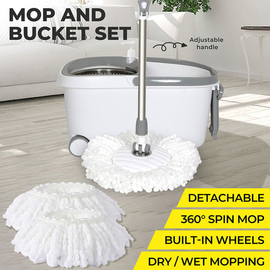 Cleanflo Spin Mop Bucket Set 360° Degree Stainless Steel Rotating Wet Dry White