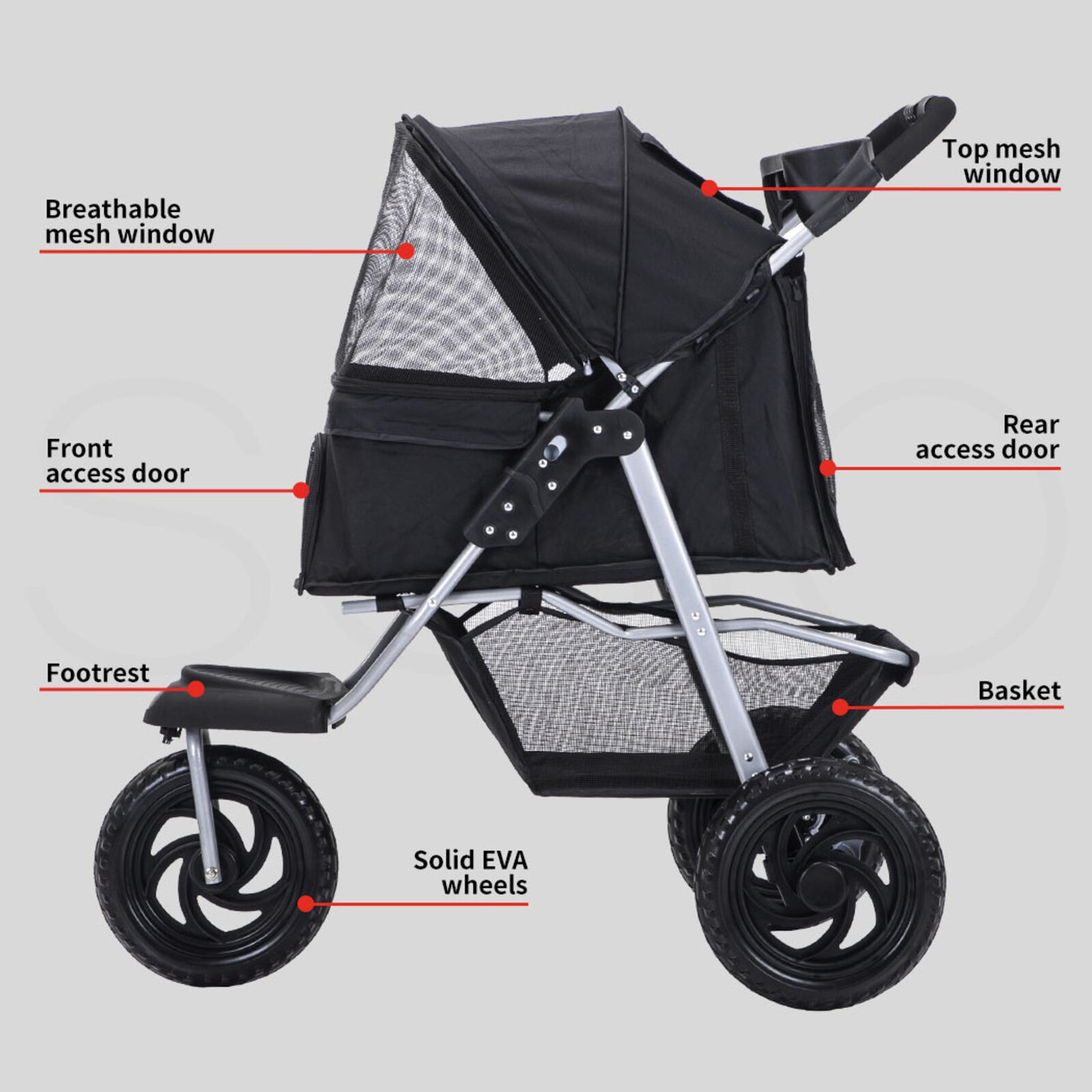 Skylos Pet Stroller Pram Dog Carrier Trailer Strollers 3 Wheels Foldable Large