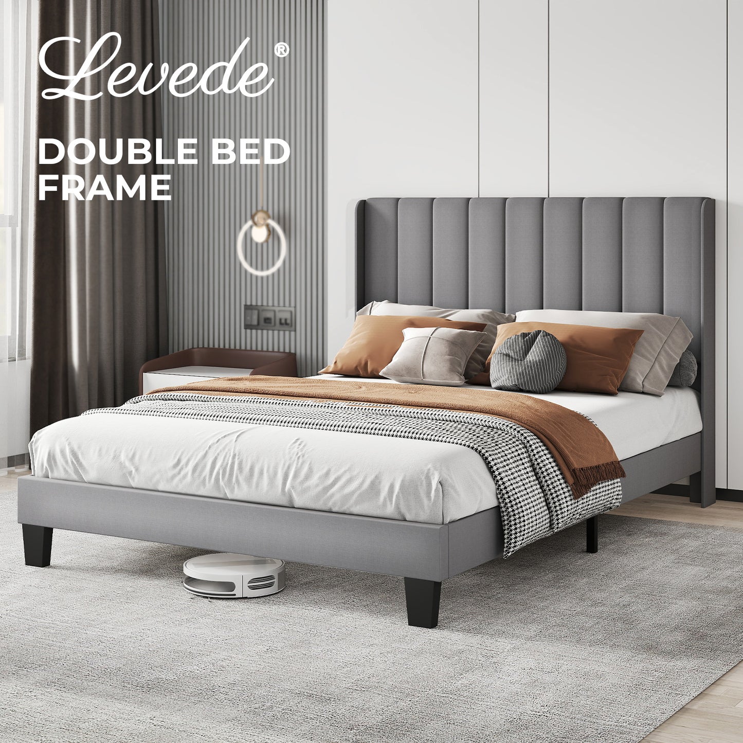 Levede Metal Wooden Bed Frame Double Panel Plush Upholstered Soft Headboard Grey