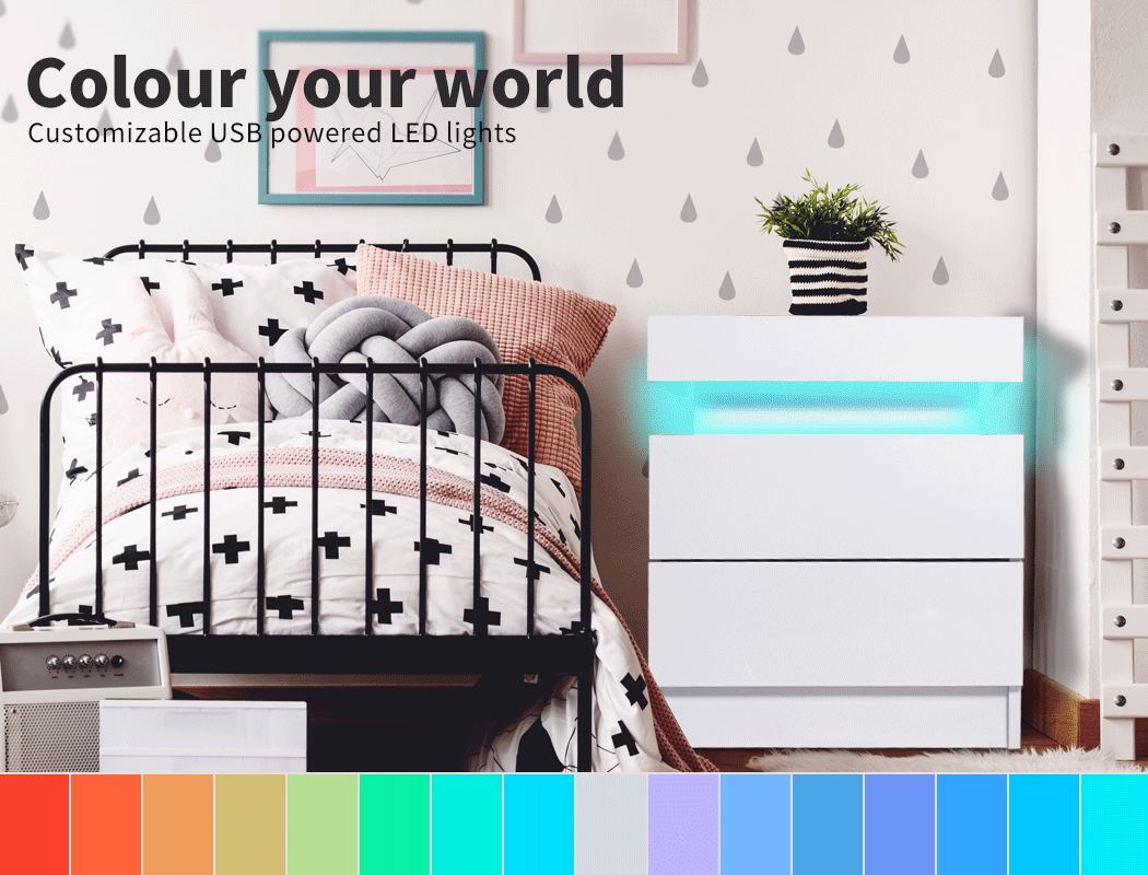 Levede Bedside Tables RGB LED Side Table 2 Drawers High Gloss Nightstand Cabinet