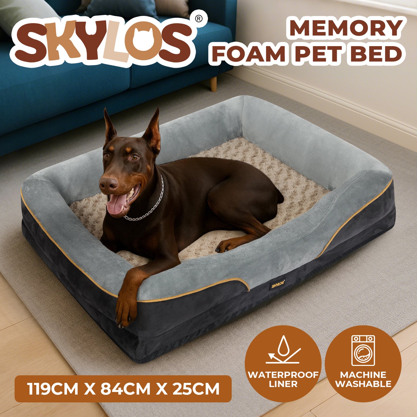 Skylos Large Dog Bed Orthopaedic Waterproof Pet Sofa Mattress Cushion Washable