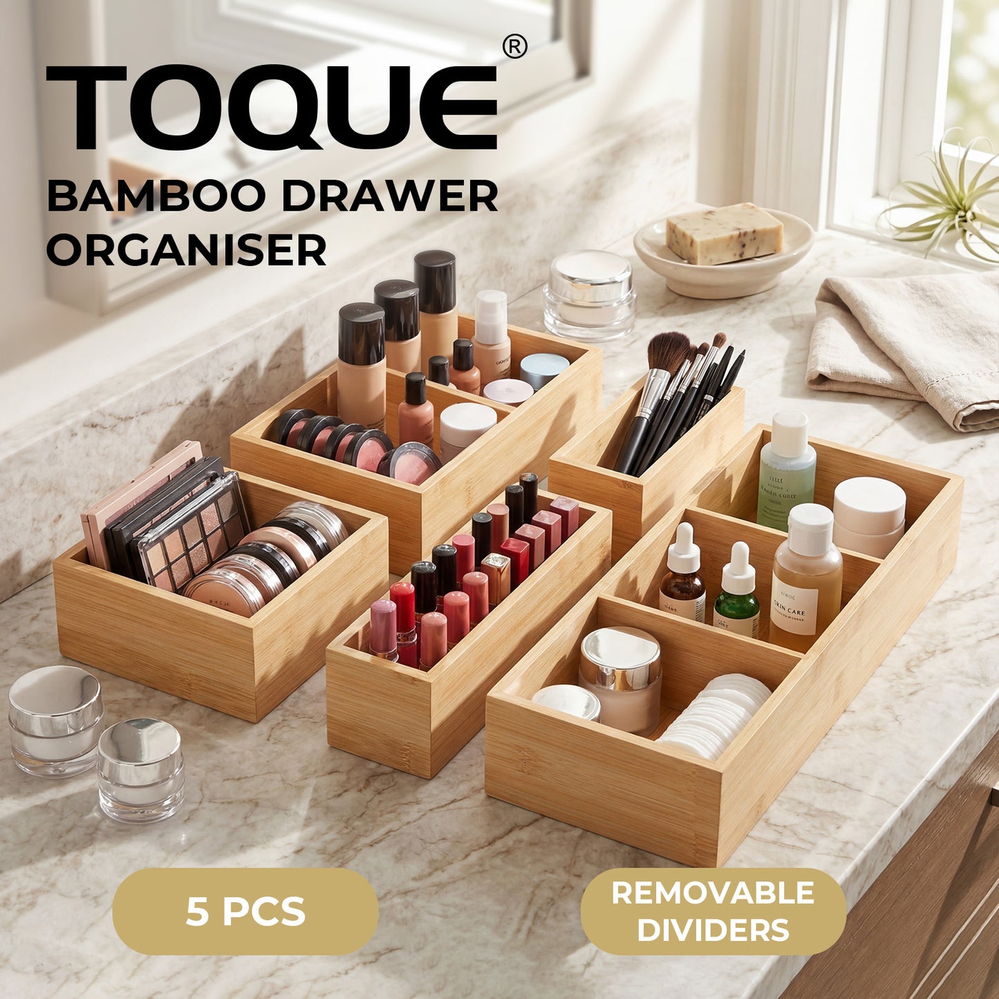 Toque 5 Pcs Bamboo Drawer Organizer Multi-Use Storage Box with Removable Divider