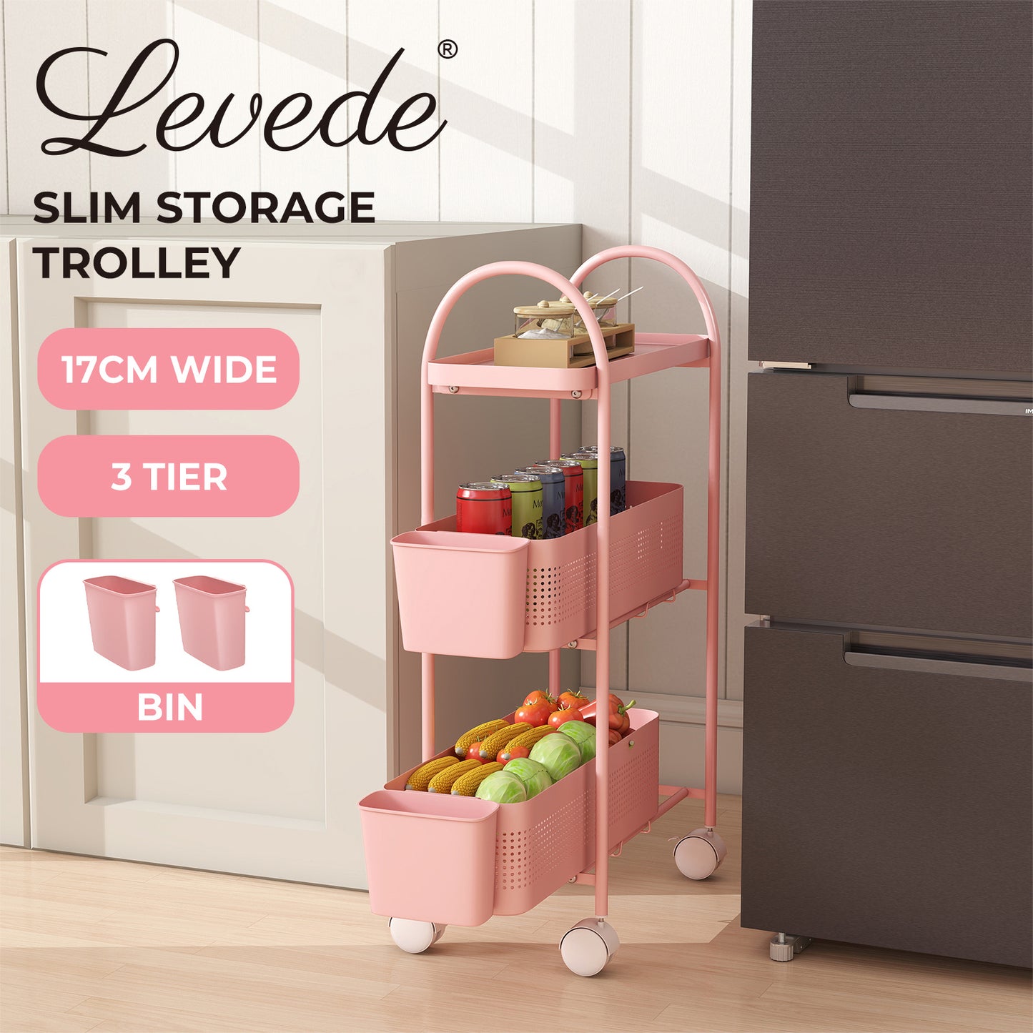 Levede 3 Tier Narrow Kitchen Trolley Cart with Pull-Out Baskets & Storage Bins