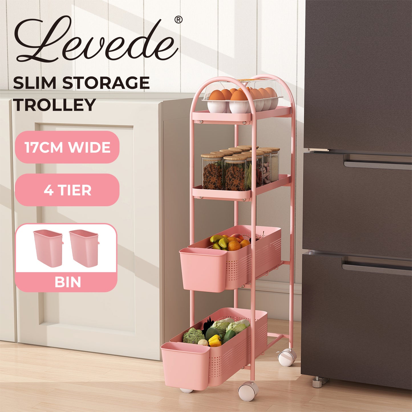 Levede 4 Tier Kitchen Storage Trolley Cart on Wheels for Narrow Space Metal Pink