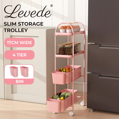 Levede 4 Tier Kitchen Storage Trolley Cart on Wheels for Narrow Space Metal Pink