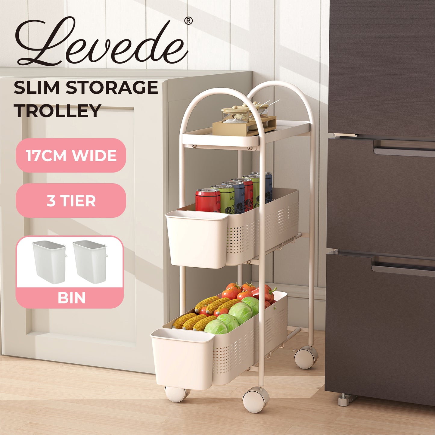 Levede 3 Tier Narrow Trolley Cart on Wheels Pull out and Hanging Storage Basket