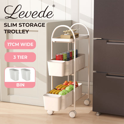 Levede 3 Tier Narrow Trolley Cart on Wheels Pull out and Hanging Storage Basket