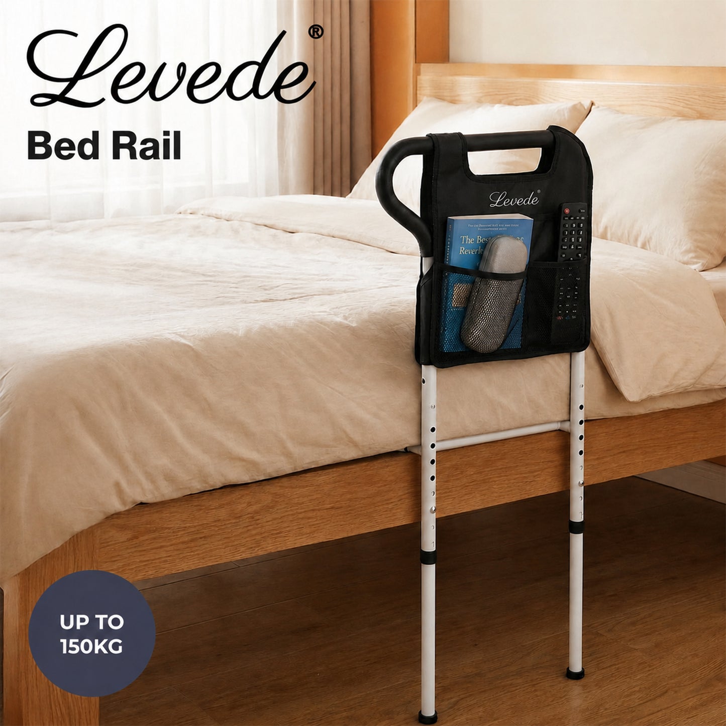 Levede Bed Rail Frame Adjustable Bedside Support Bar Bedroom Handle Storage Bag