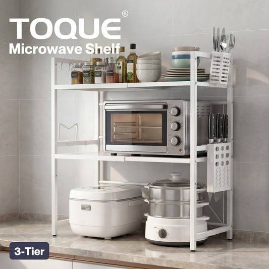 TOQUE 3 Tier Expandable Microwave Oven Rack Stand Kitchen Storage Shelf White
