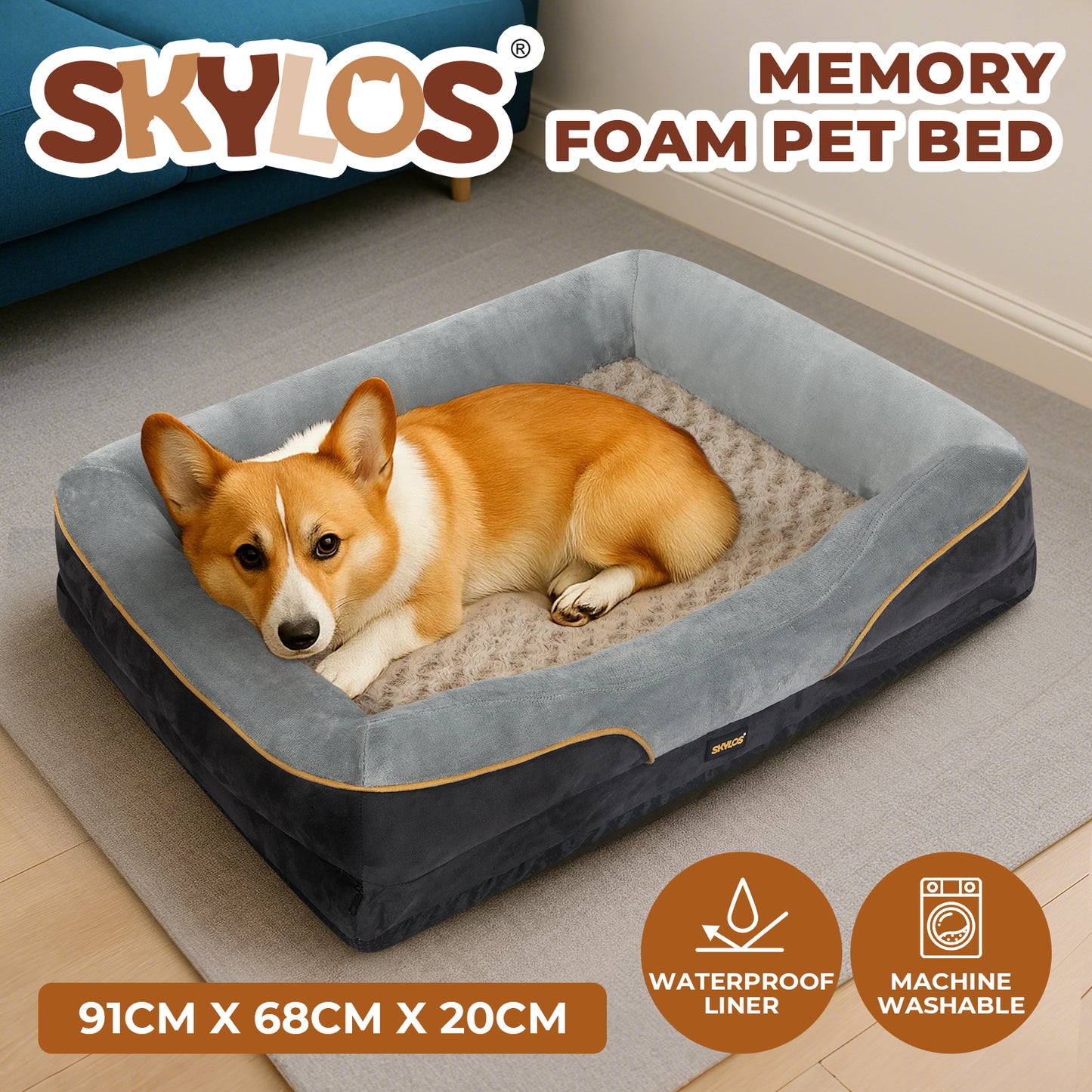 Skylos Dog Bed Orthopaedic Soft Pet Mattress Waterproof Washable Raised Bolster