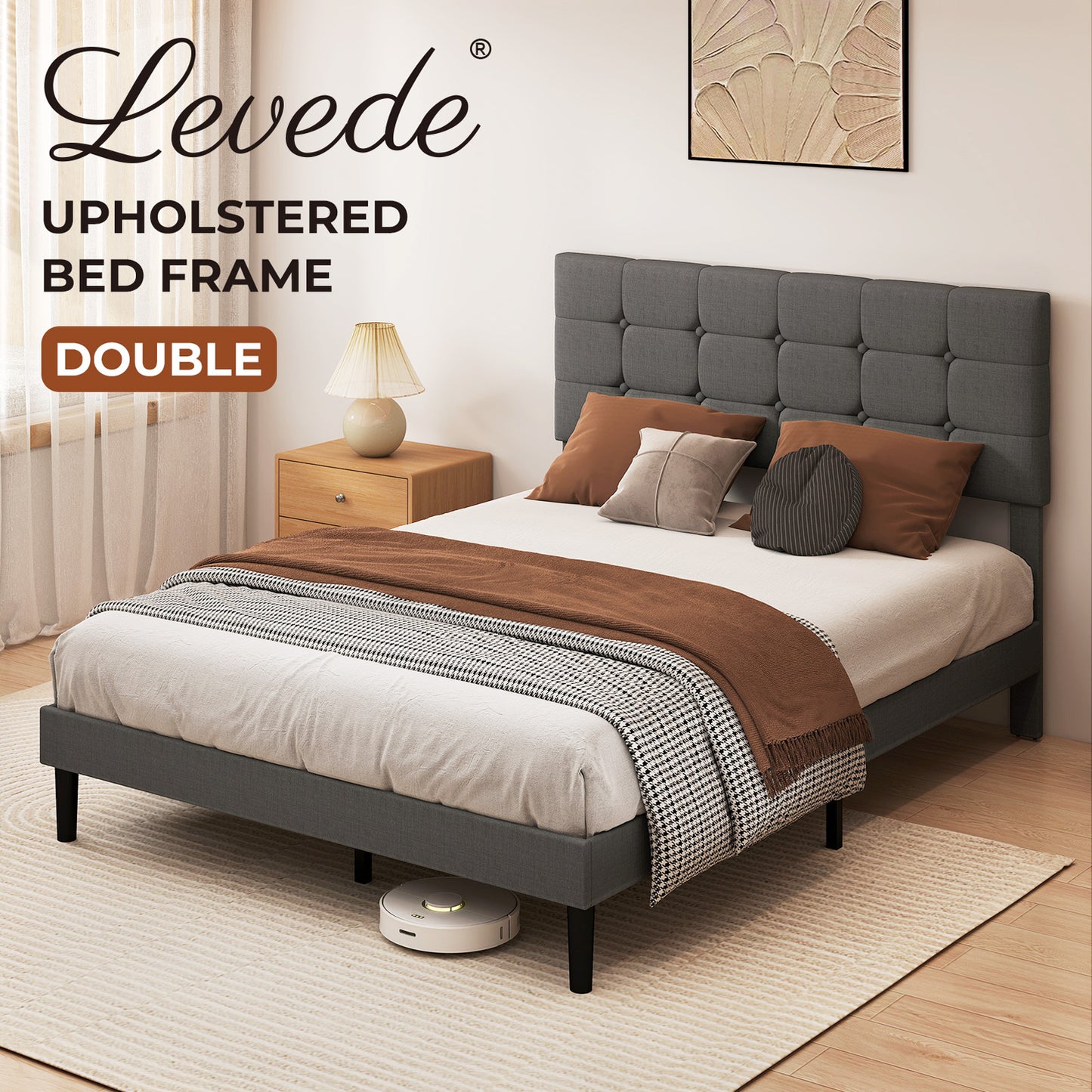 Levede Bed Frame Upholstered Linen Headboard Tufted Wooden Slat Double Size Grey