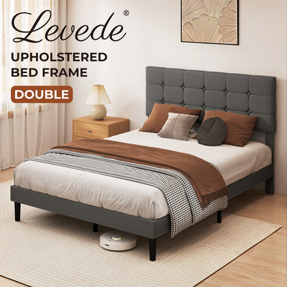 Levede Bed Frame Upholstered Linen Headboard Tufted Wooden Slat Double Size Grey