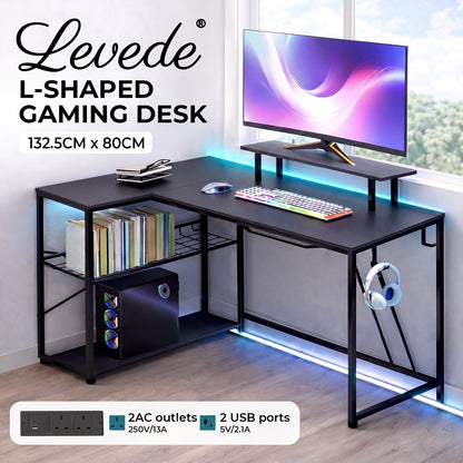 Levede Gaming Desk Corner L-Shaped Computer Table with LED Lights Storage USB