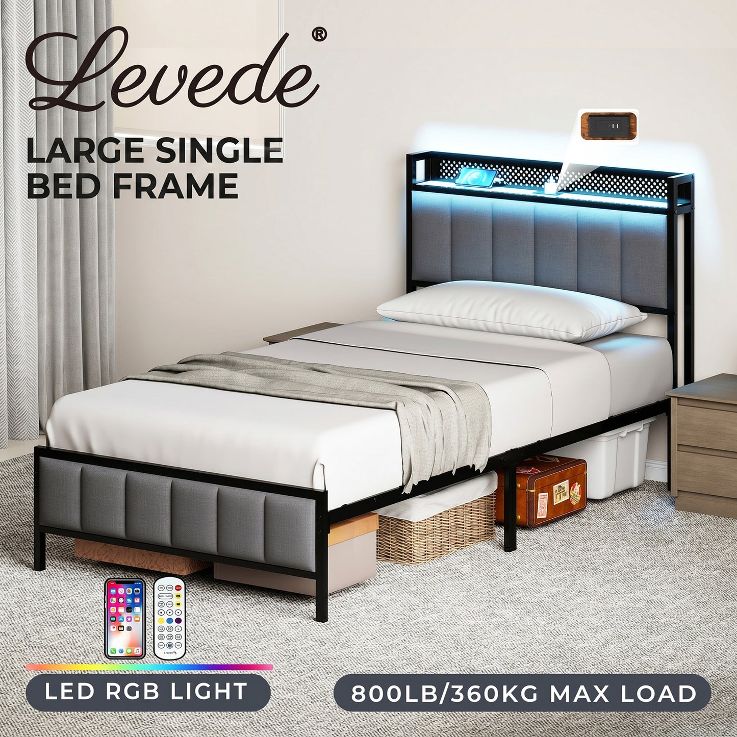 Levede Large Single Bed Frame Metal 90x200cm LED Headboard Charging Station