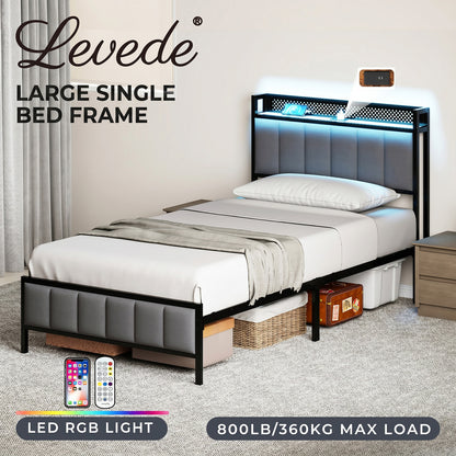 Levede Large Single Bed Frame Metal 90x200cm LED Headboard Charging Station