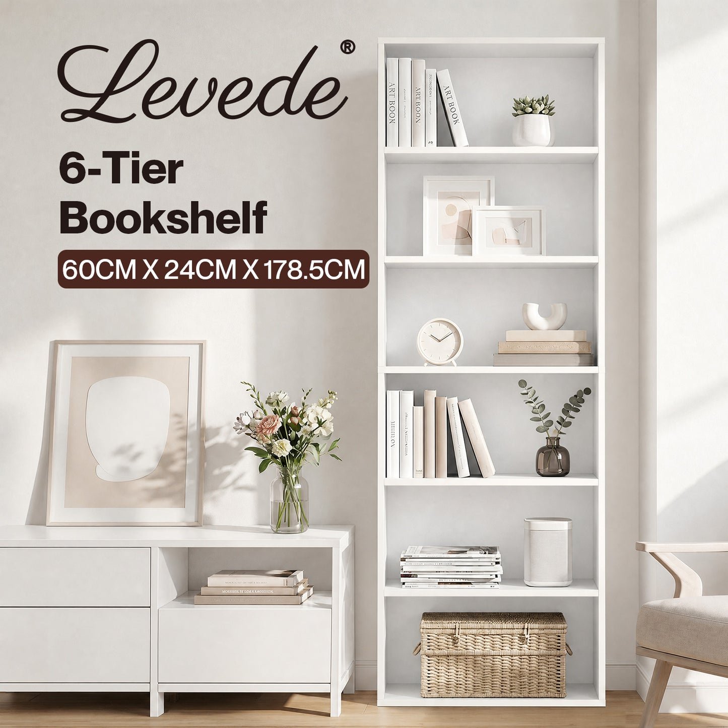 Levede Slim 6 Tier Bookshelf Narrow Bookcase  Storage Shelf Organizer Unit White