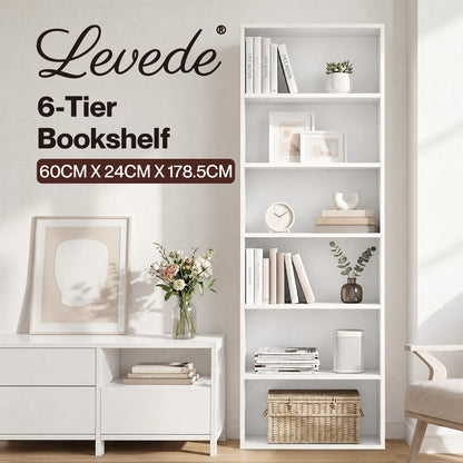Levede Slim 6 Tier Bookshelf Narrow Bookcase  Storage Shelf Organizer Unit White