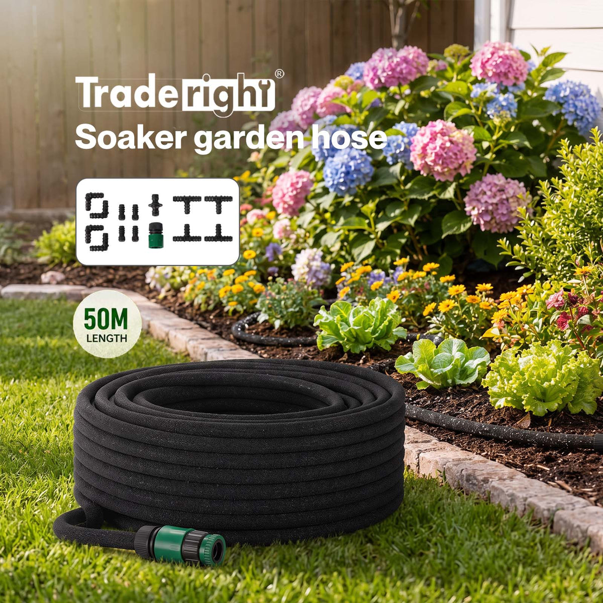 Traderight Soaker Hose 50m Drip Irrigation Deep Root Watering For Gardens Black