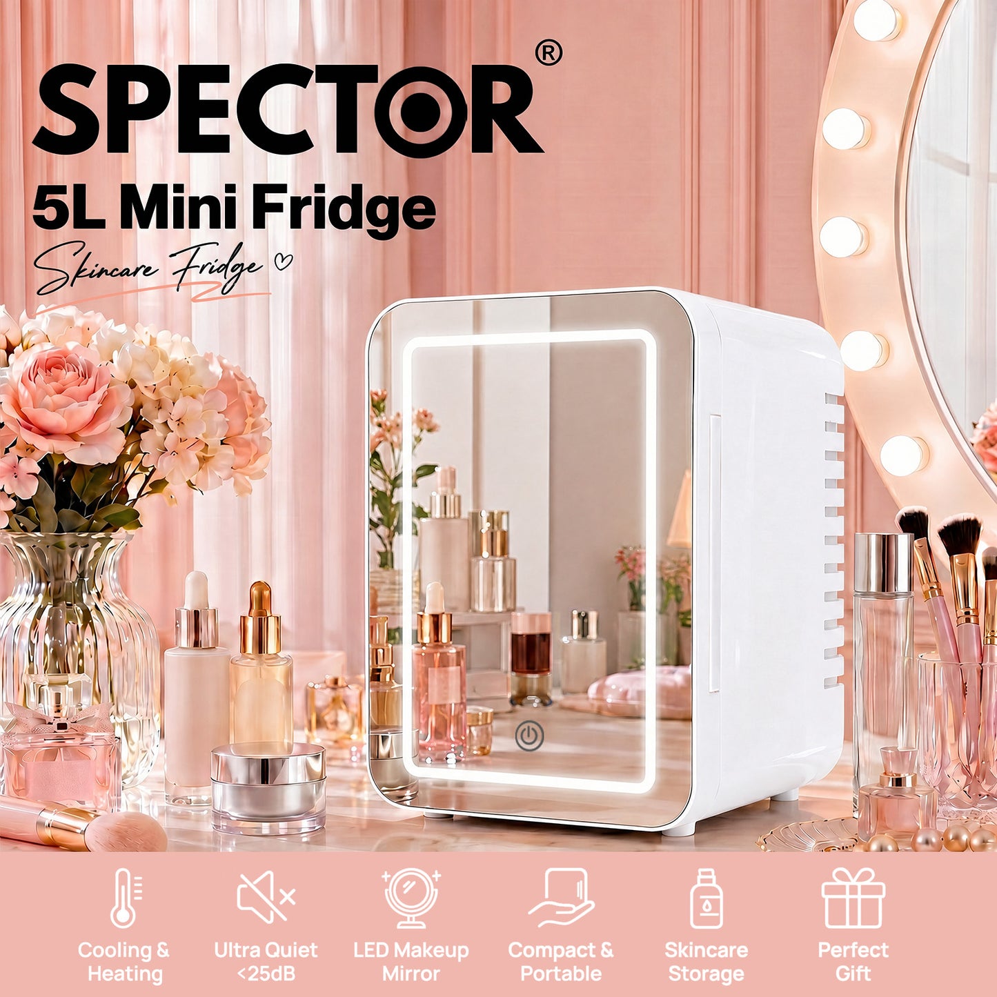 Spector Mini Fridge 5L Portable Small Cooler Warmer LED Makeup Mirror Car Home